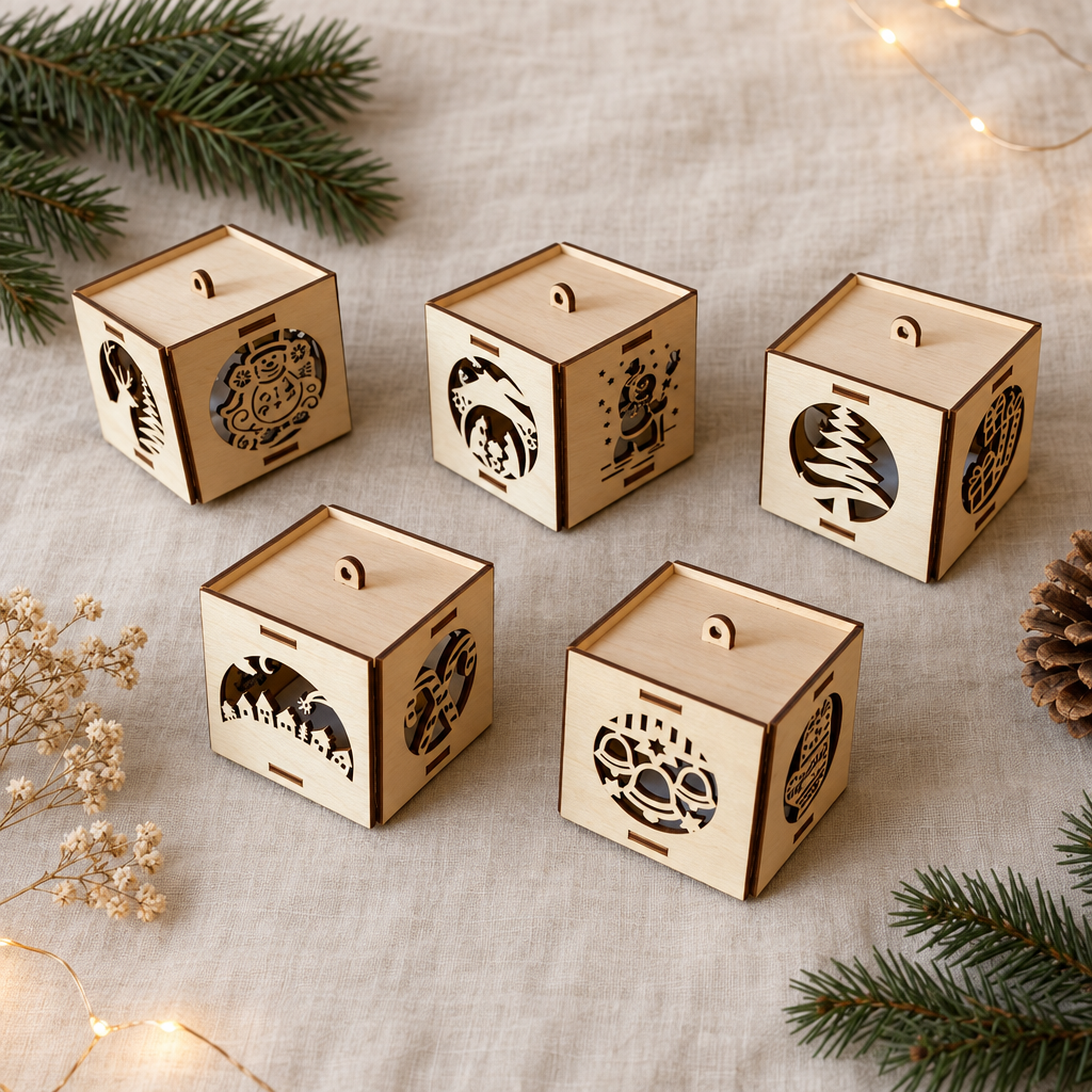 Vijf houten kubus kerstballen met uitgesneden kerstmotieven en een opening voor led verlichting, licht van kleur.