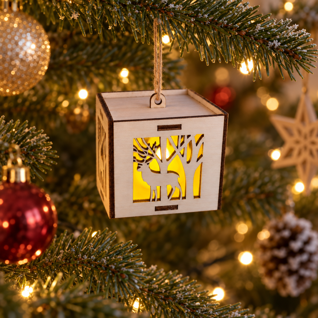 Houten kubus kerstbal met een uitgesneden silhouet van een hert en bomen, binnenverlichting zichtbaar door de uitsnede.