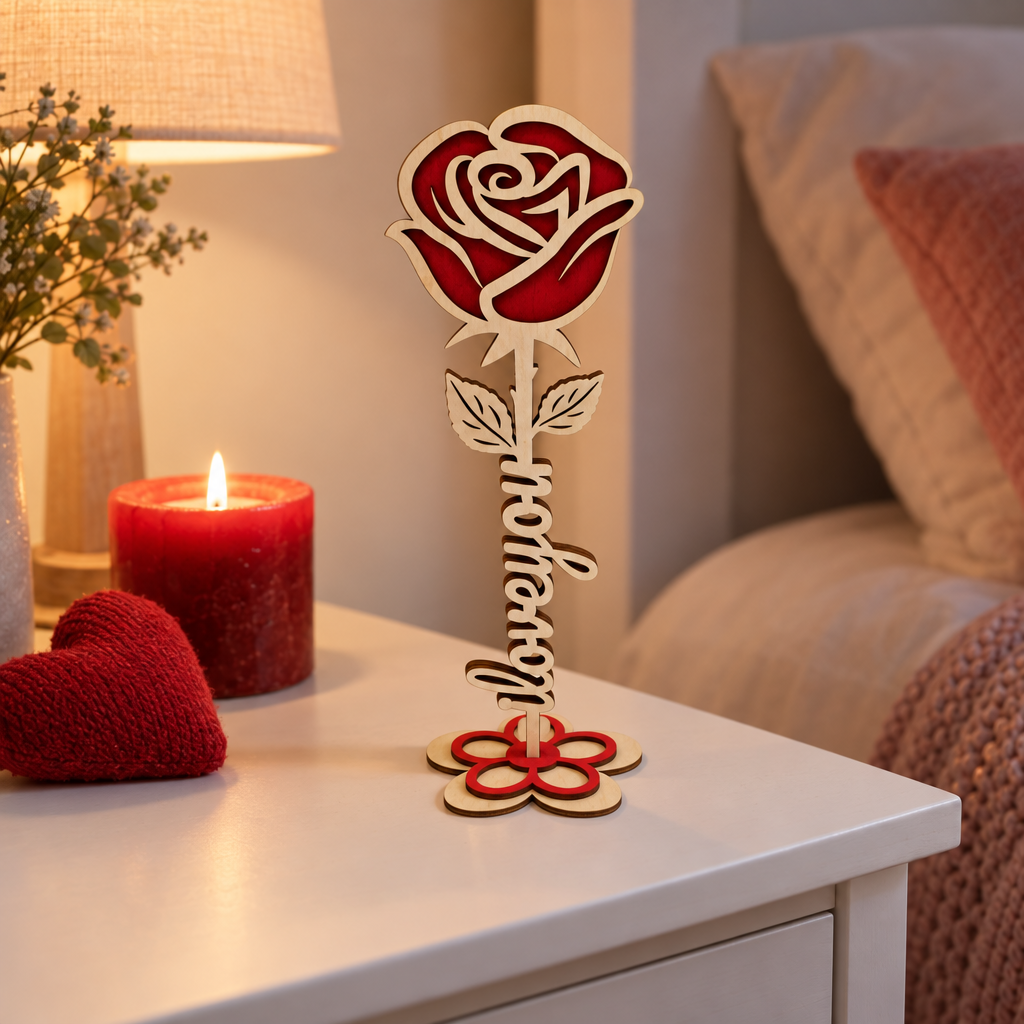Houten roos met rode accenten en een gepersonaliseerde tekst aan de steel staand op een bloemvormige voet.