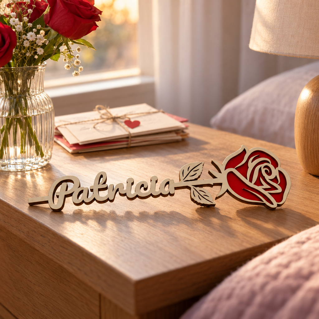 Houten roos met een gepersonaliseerde tekst in sierlijke letters en rode details in het bloemblad.