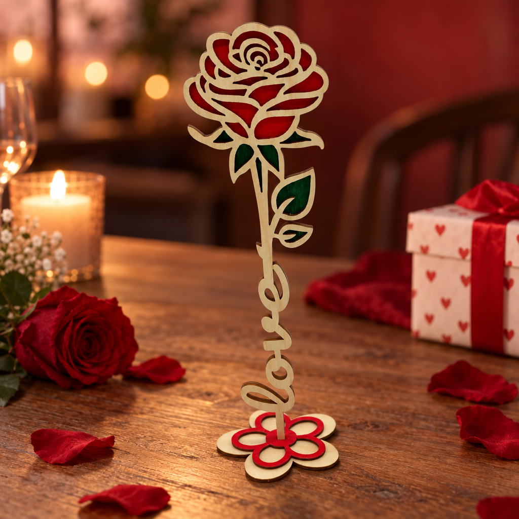 Houten roos met rode en groene details en een standaard met het woord love als onderdeel van het ontwerp.