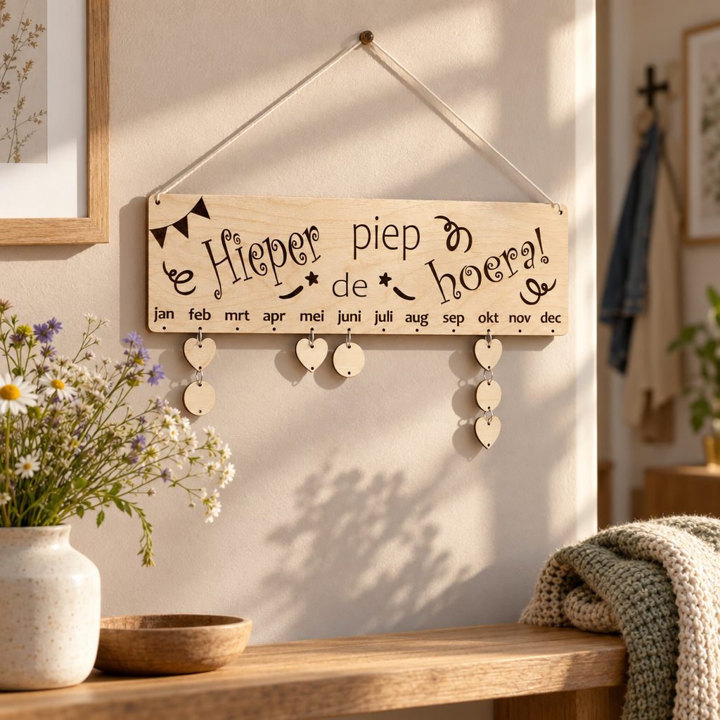 Houten verjaardagskalender met maanden, sierlijke tekst en hartvormige en ronde houten hangers aan touwtje.