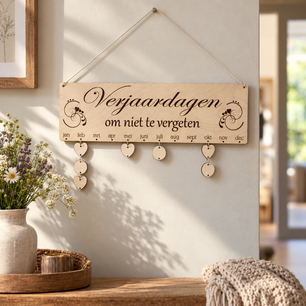 Houten verjaardagskalender met maandnamen en hart- en cirkelvormige houten labels aan touw om namen te hangen.