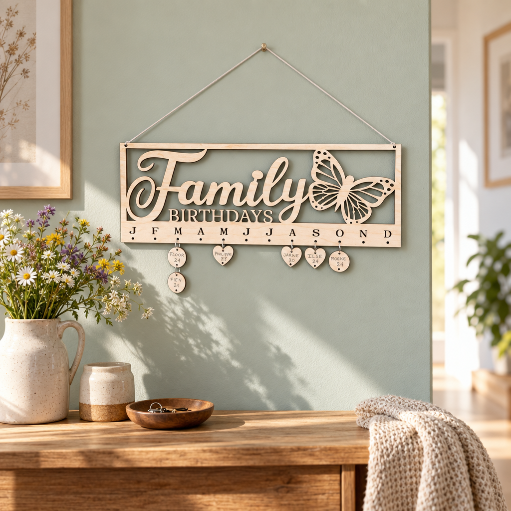 Houten verjaardagskalender met uitgesneden tekst "Family Birthdays", maanden en hangende hartjes en rondjes met namen.