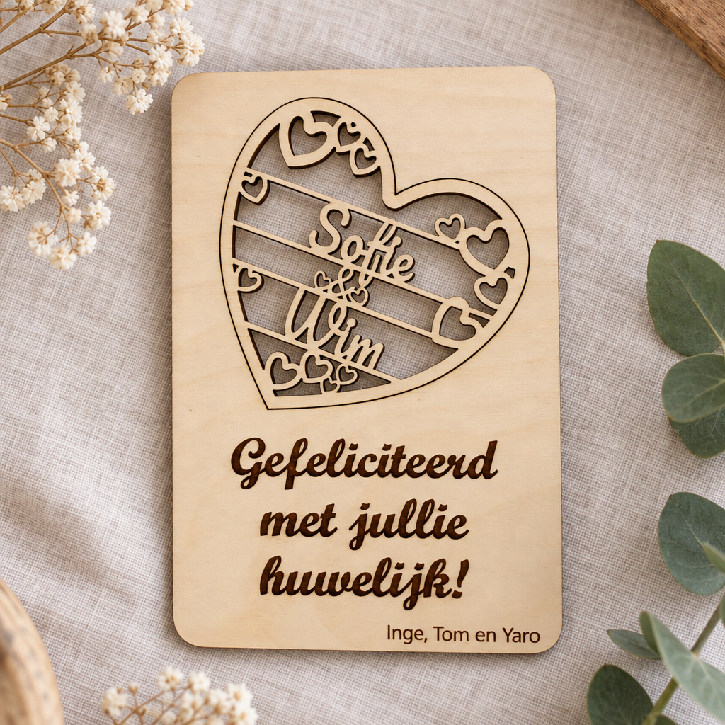 Houten wenskaart met uitgesneden hart, namen Sofie & Wim, en de tekst Gefeliciteerd met jullie huwelijk! Inge, Tom en Yaro.