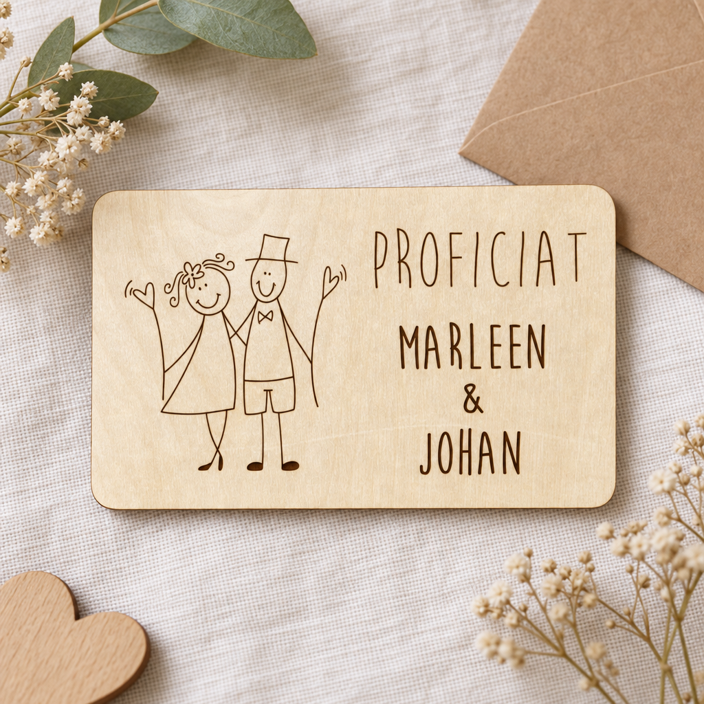 Houten wenskaart met tekening van bruidspaar en tekst 'Proficiat Marleen & Johan' in donkerbruin op licht hout.