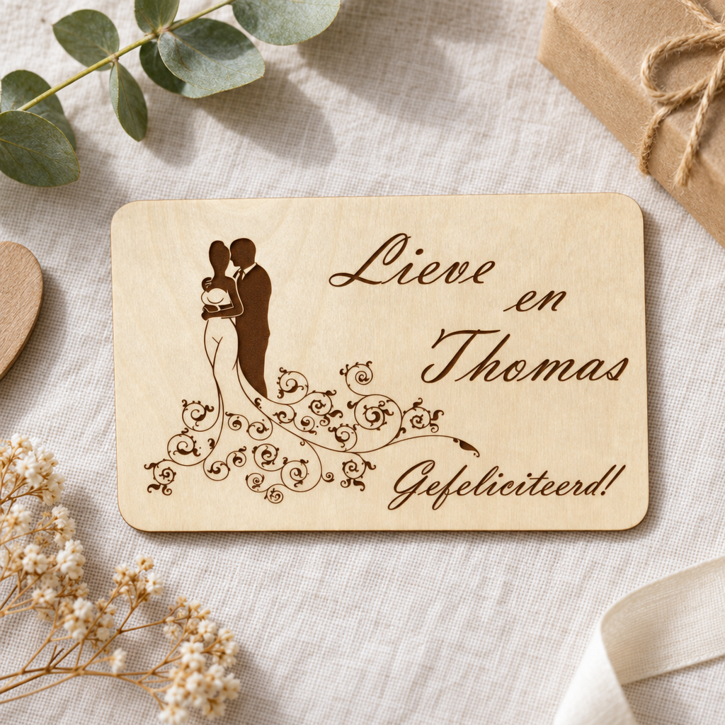 Houten rechthoekige wenskaart met gegraveerd silhouet van een bruidspaar en tekst Lieve en Thomas Gefeliciteerd.