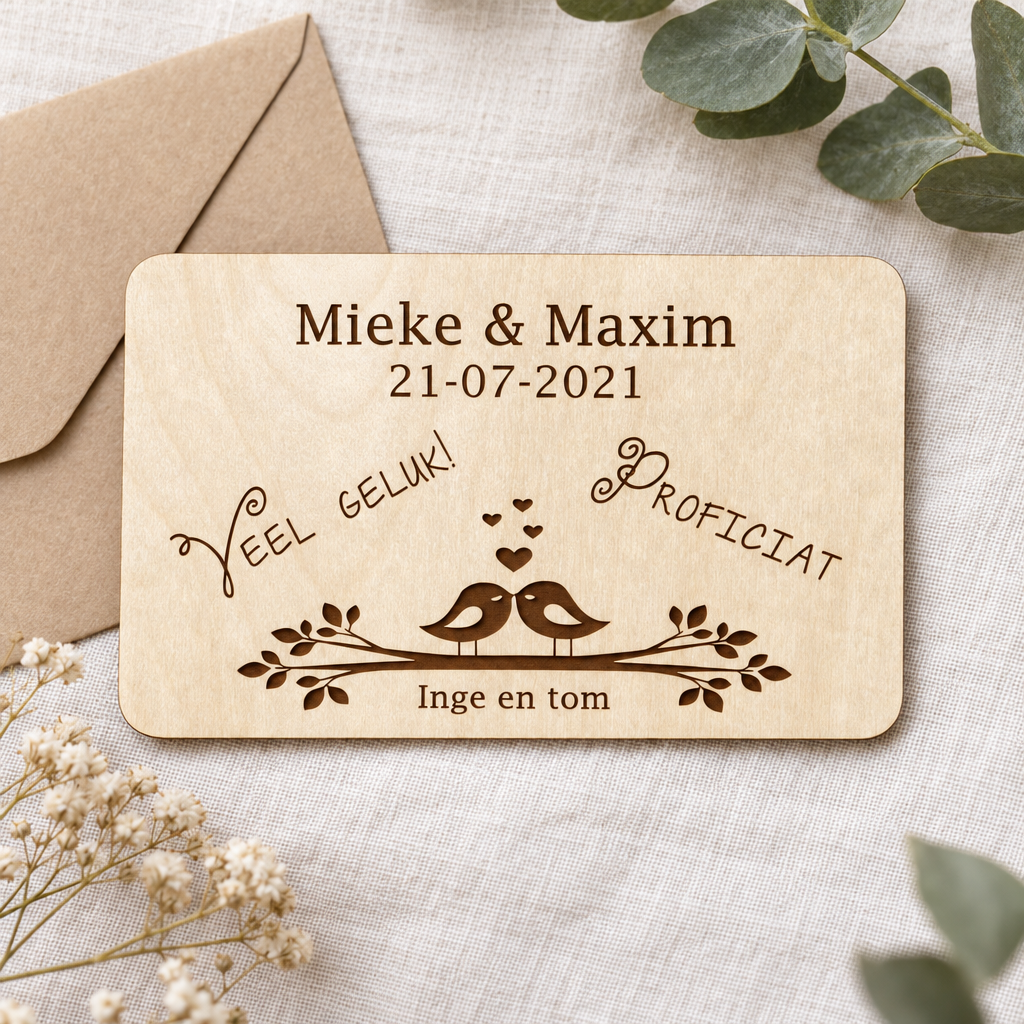 Houten wenskaart met gravure van twee liefdevolle vogels op een tak, namen Mieke & Maxim, datum 21-07-2021 en tekst Veel geluk Proficiat.