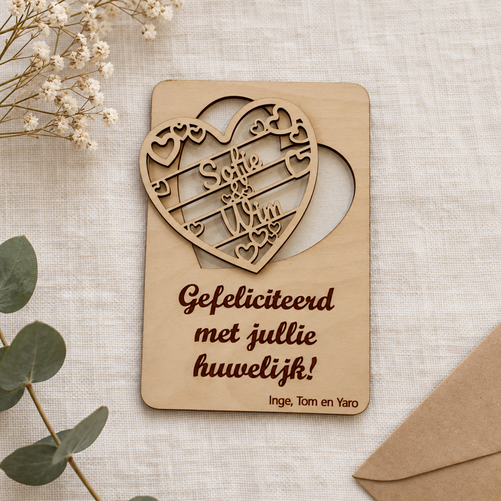Houten wenskaart met uitgesneden hart en namen Sofie & Wim, tekst Gefeliciteerd met jullie huwelijk en ondertekening Inge, Tom en Yaro.