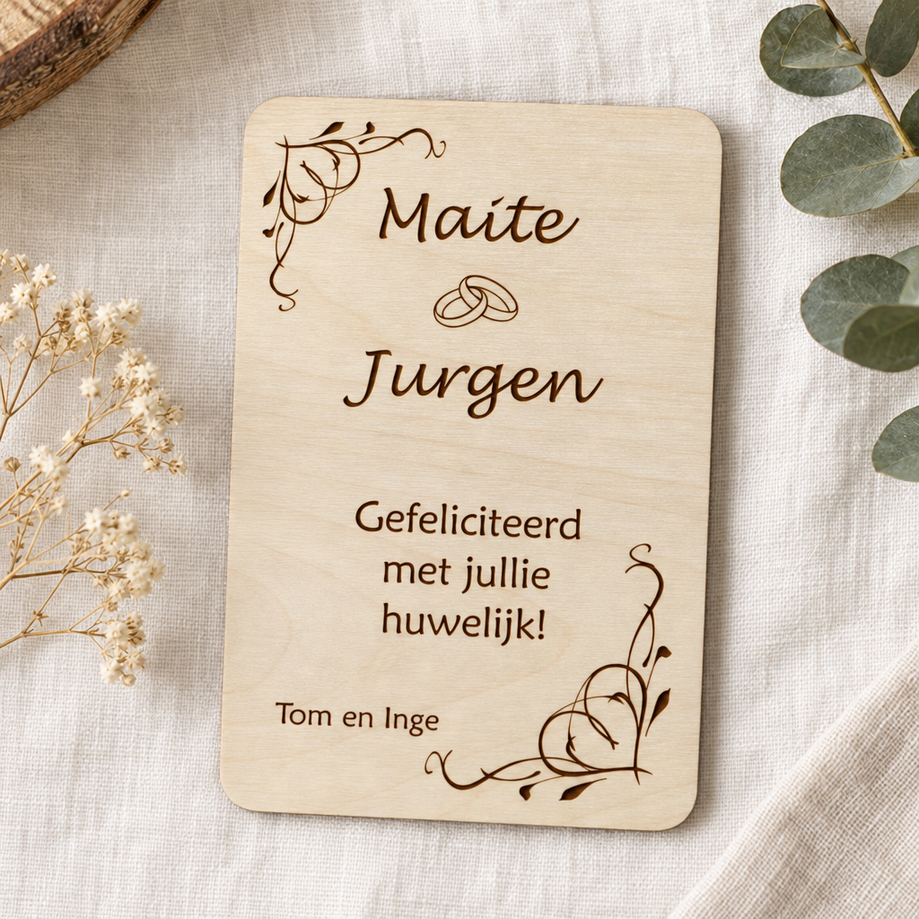 Houten rechthoekige wenskaart met sierlijke hoeken, twee ringen en de gegraveerde tekst Maite, Jurgen, Gefeliciteerd met jullie huwelijk, Tom en Inge.