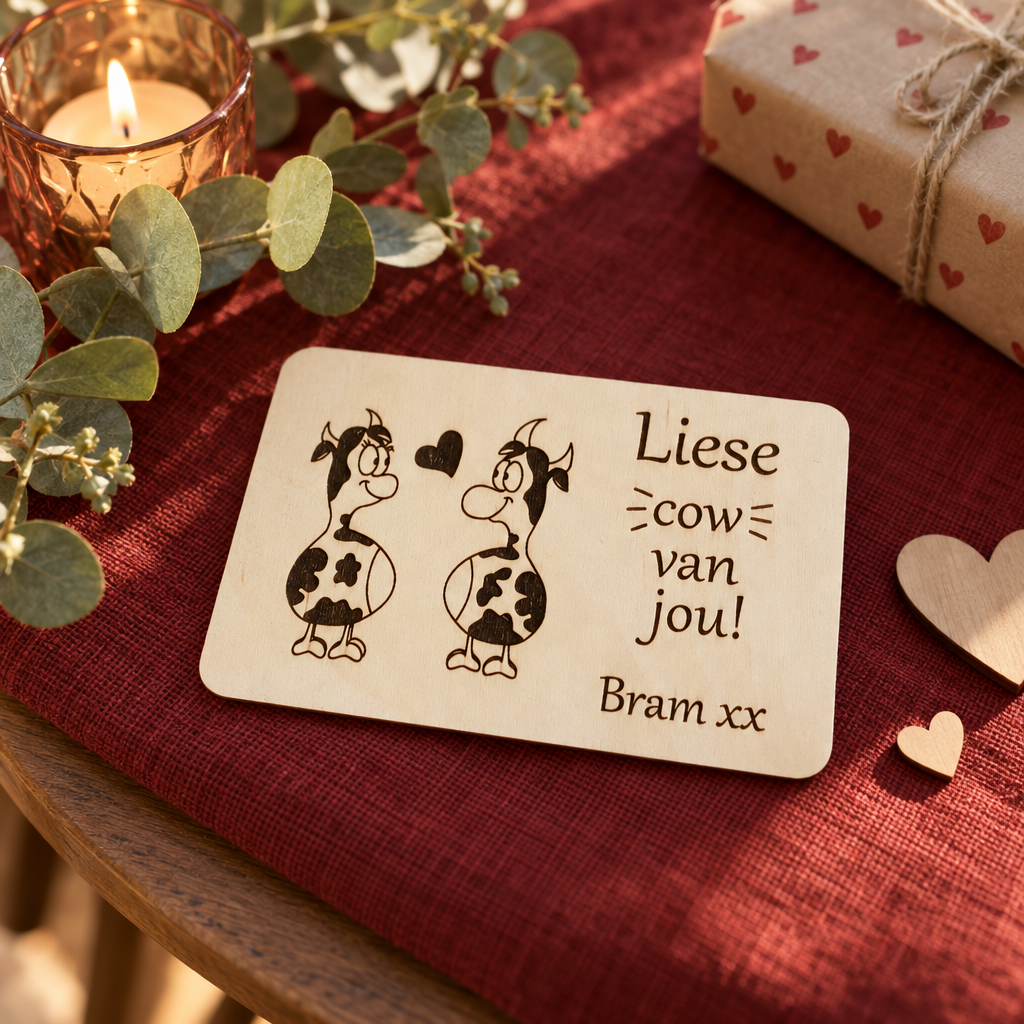 Houten wenskaart met twee grappige koeien en gepersonaliseerde tekst op glad, licht hout met afgeronde hoeken.