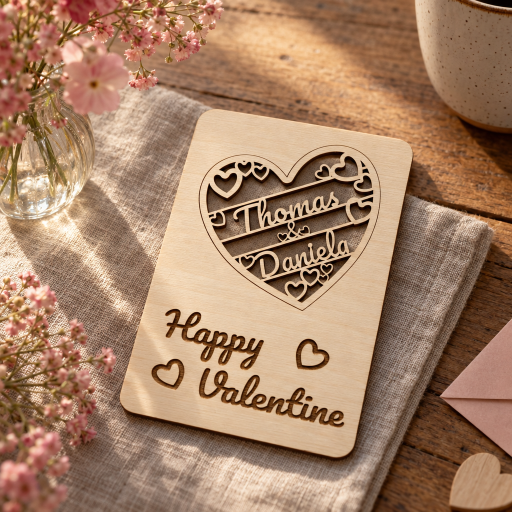 Houten valentijnskaart met uitgesneden hart en hartvormige motieven, gepersonaliseerd met namen en tekst.