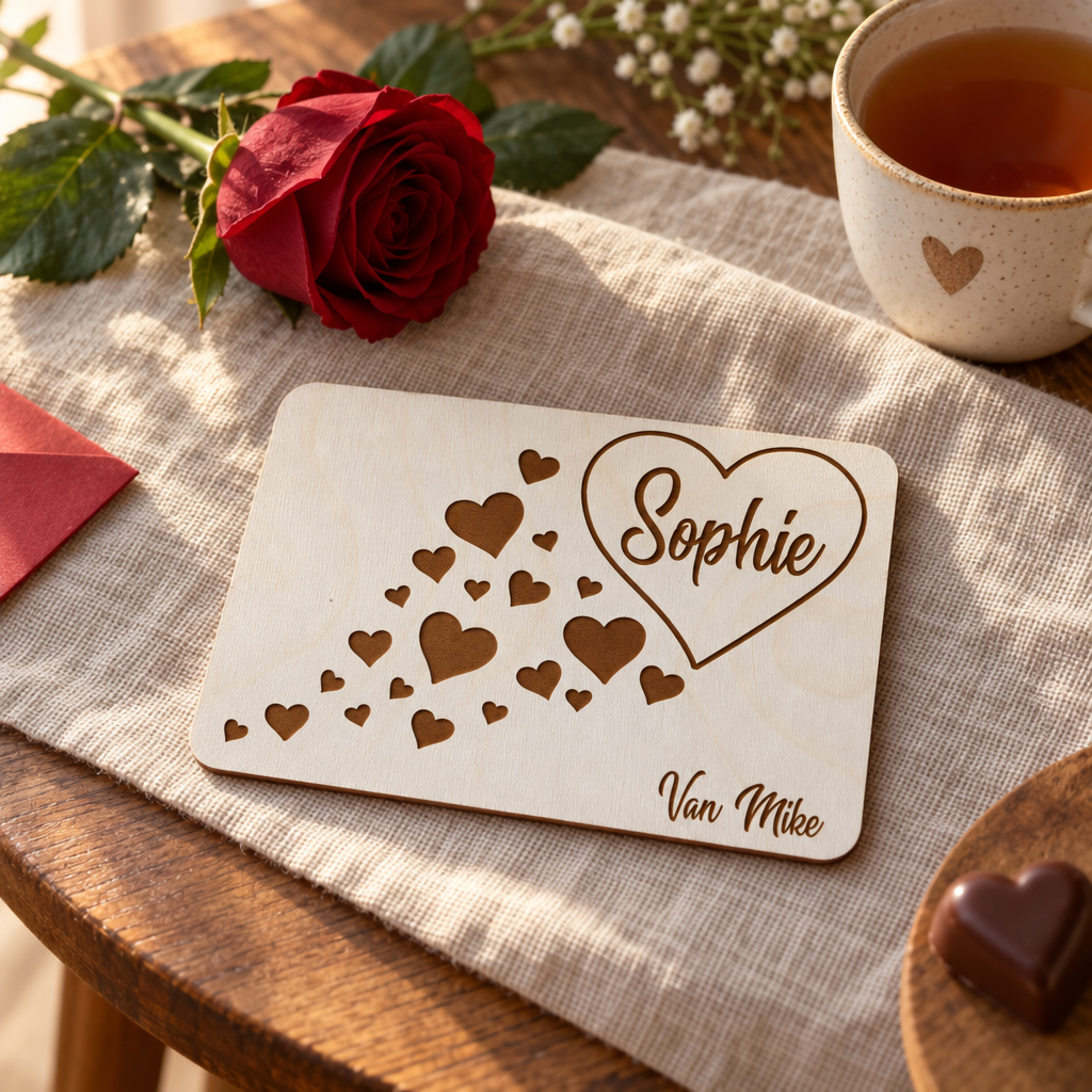 Houten valentijnskaart met uitgesneden verschillende hartjes en gepersonaliseerde tekst in een hartvorm.