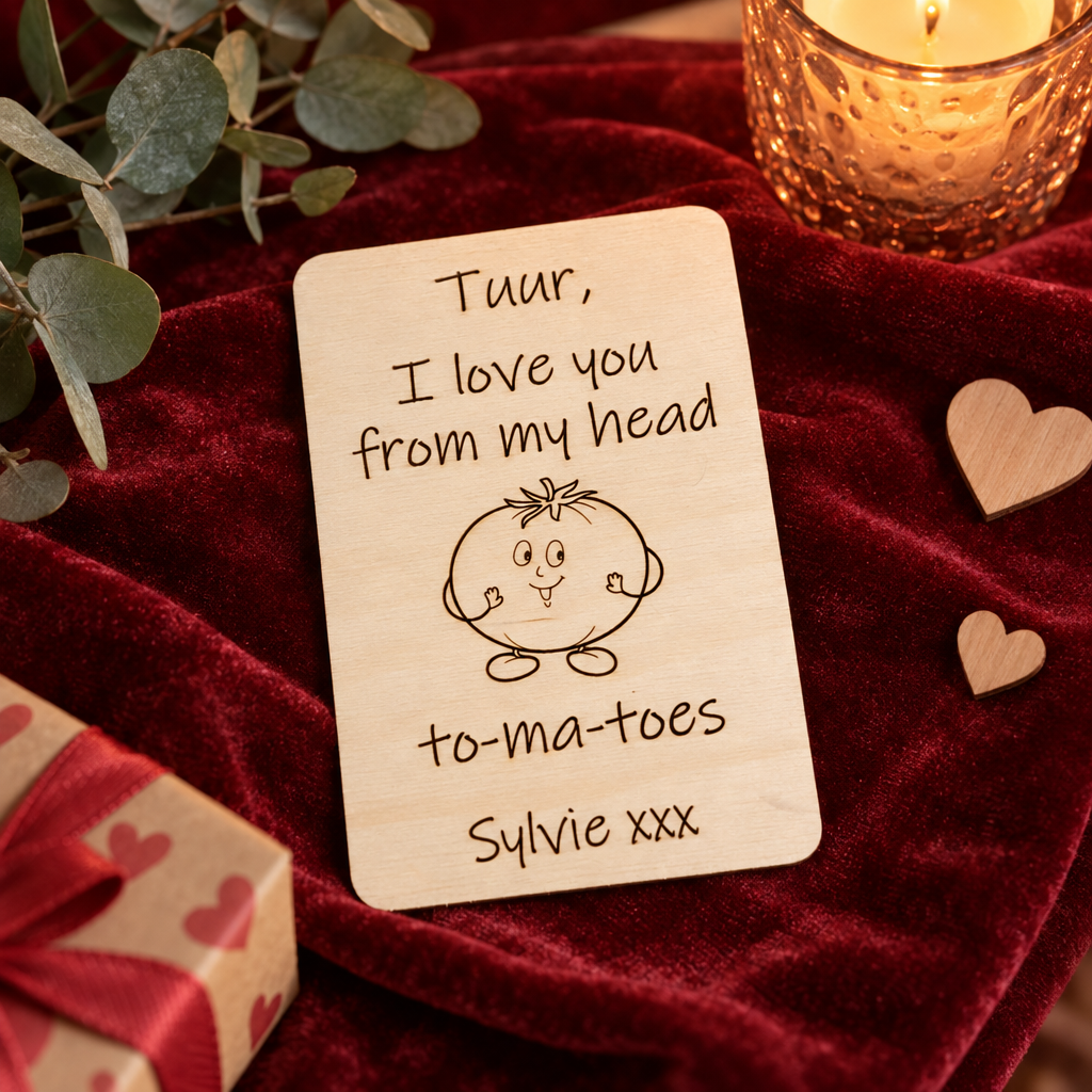 Houten valentijnskaart met een getekende tomaat en een gepersonaliseerde tekst, afgeronde hoeken.