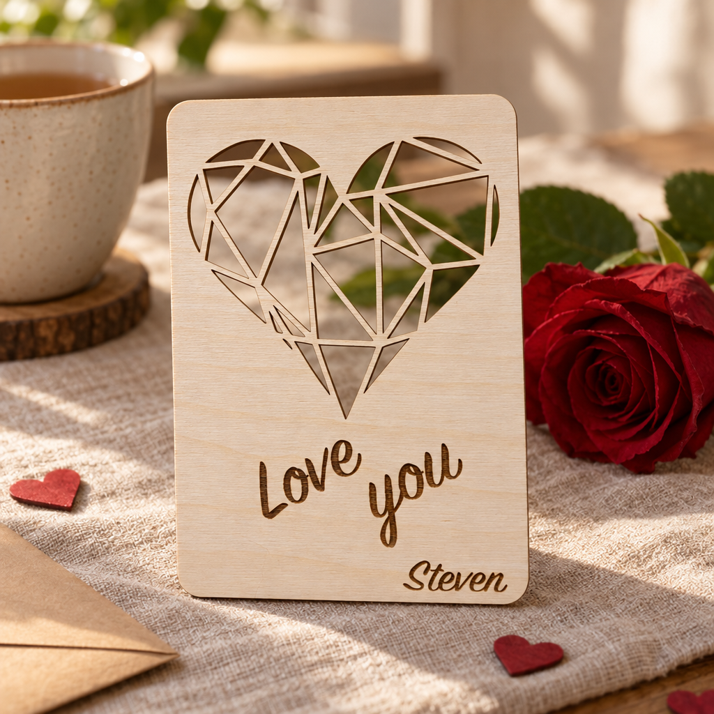 Rechthoekige houten kaart met gegraveerd abstract hart en gepersonaliseerde naam.