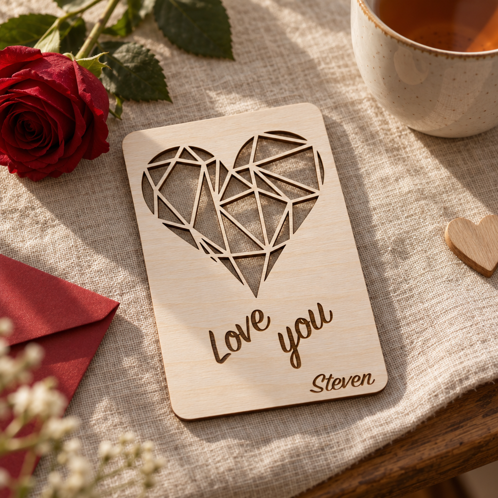 Houten kaart met laser gesneden geometrisch hart en een gepersonaliseerde tekst onder het hart.