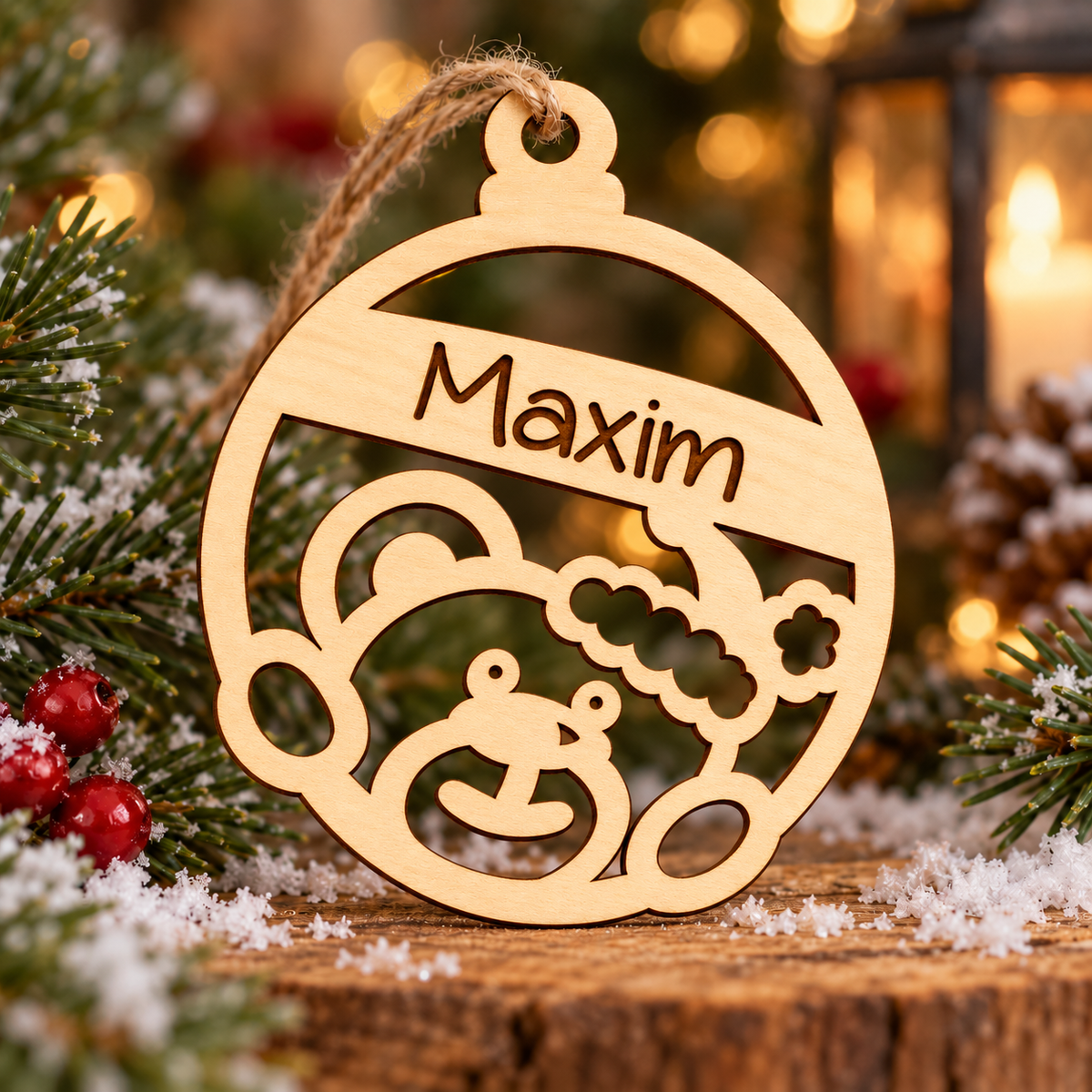 kerstbal met gegraveerde naam kerstfiguren