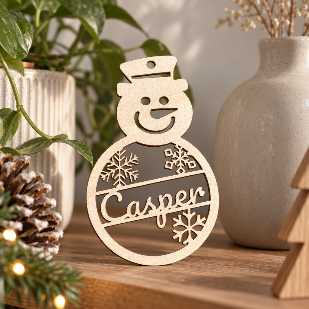 Houten kerstbal in de vorm van een sneeuwman met uitgesneden sneeuwvlokken en de naam Casper.