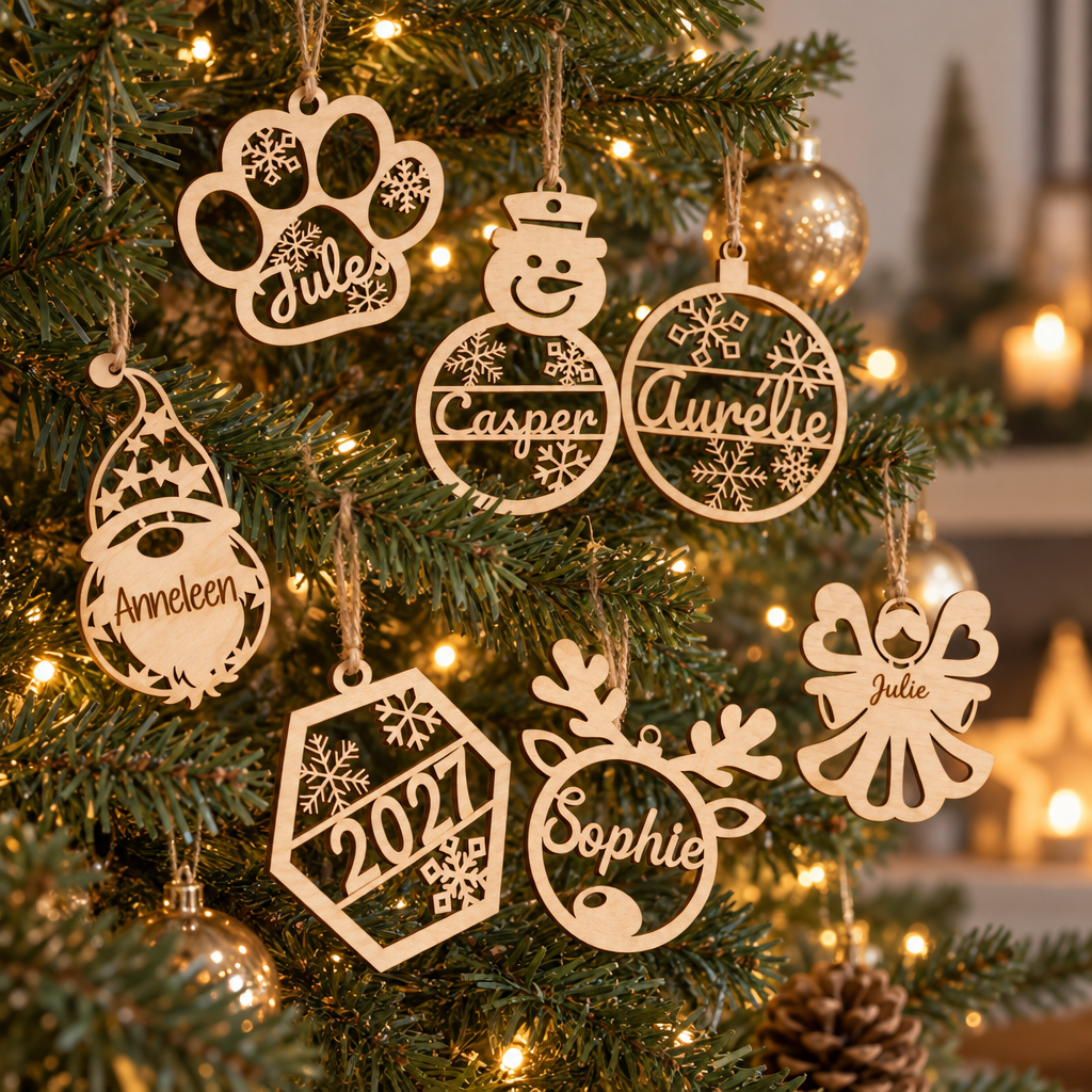 Houten kerstballen en figuren in naturel houtkleur met namen en winterse motieven in verschillende vormen zoals poot, sneeuwpop en rendier.