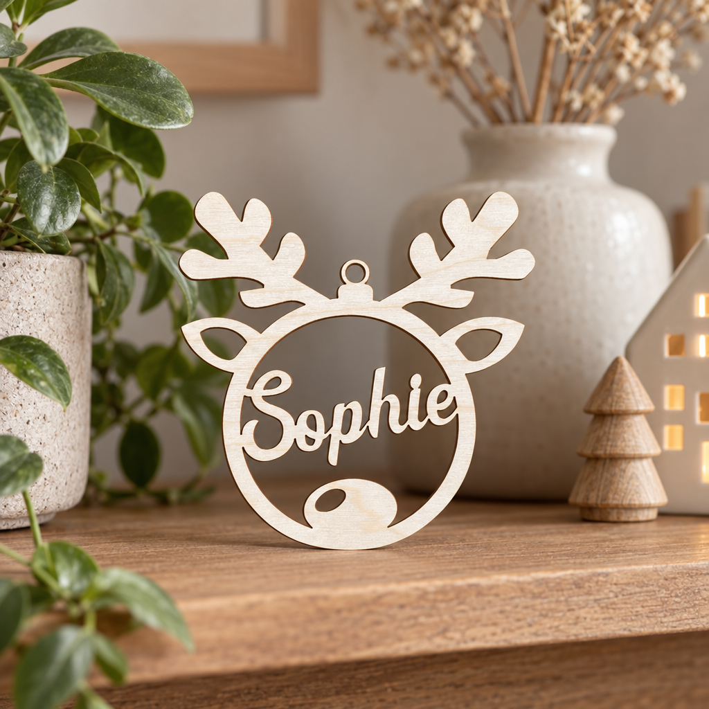 Ronde houten kerstbal met gewei en naam Sophie uitgesneden in naturel houtkleur.