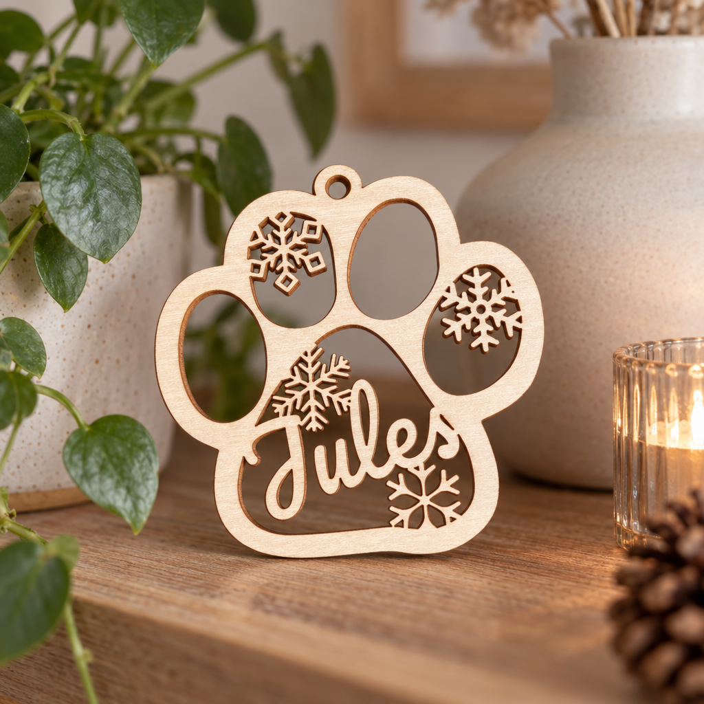 Houten kerstbal in vorm van een pootafdruk met naam Jules en sneeuwvlokmotieven uitgesneden.