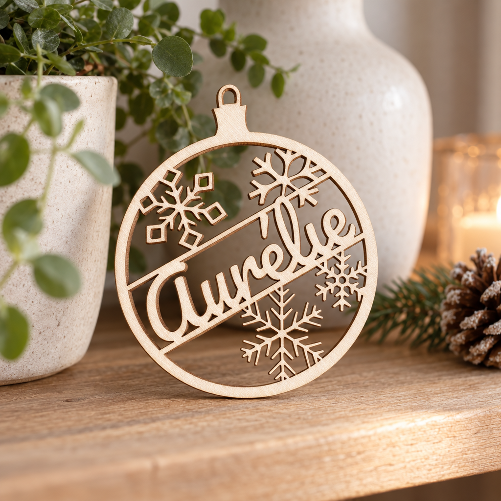 Houten kerstbal in ronde vorm met uitgesneden sneeuwvlokken en de naam "Aurelie" erin verwerkt.