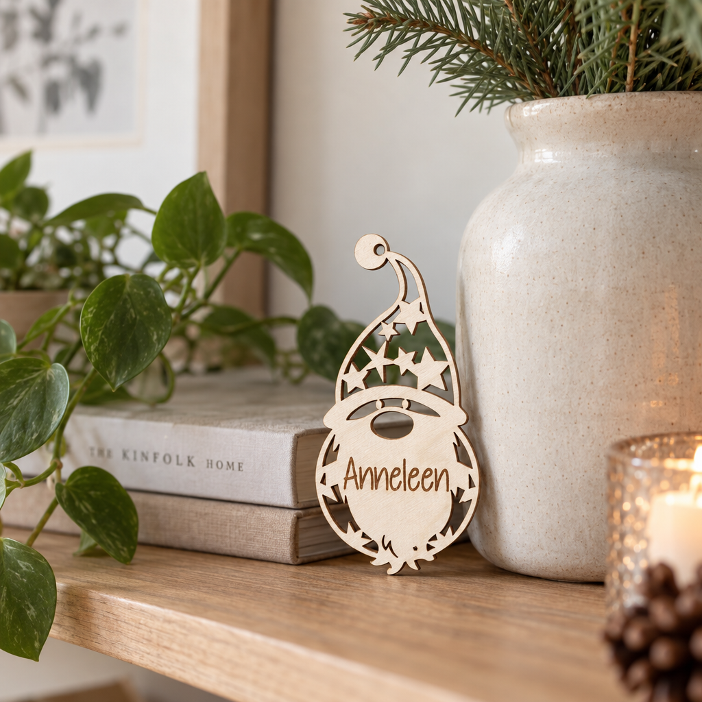 Houten kerstbal in de vorm van een kabouter met sterretjes en de naam Anneleen erin gegraveerd.