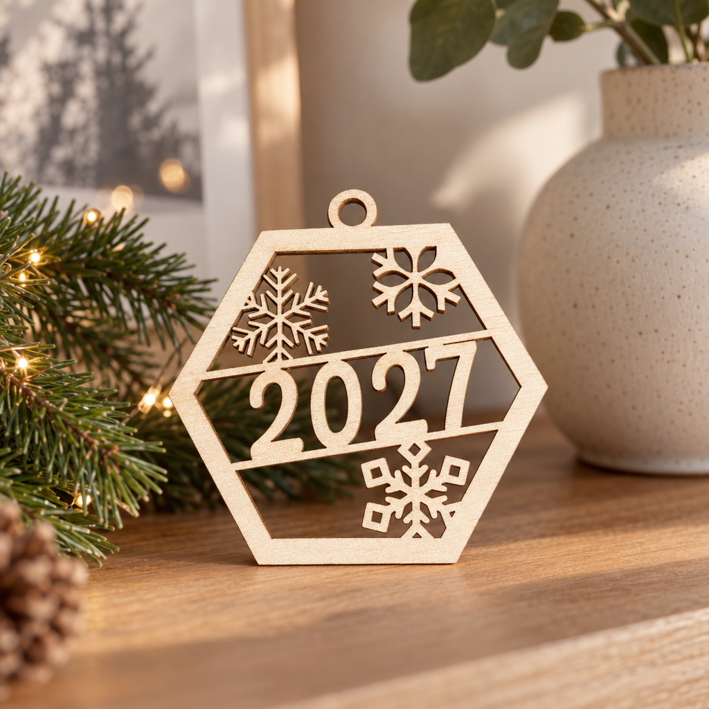 Houten zeshoekige kerstbal met het jaartal 2027 en drie uitgesneden sneeuwvlokmotieven.