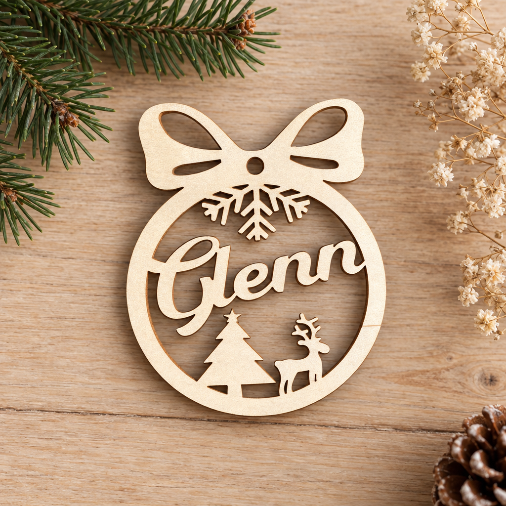 Houten kerstbal in ronde vorm met strik, met uitgesneden naam Glenn, sneeuwvlok, kerstboom en rendier.