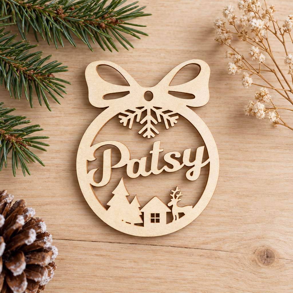 Houten kerstbal met strikvorm, uitgesneden naam Patsy, sneeuwvlok, bomen, huisje en rendier in natuurlijke houtkleur.