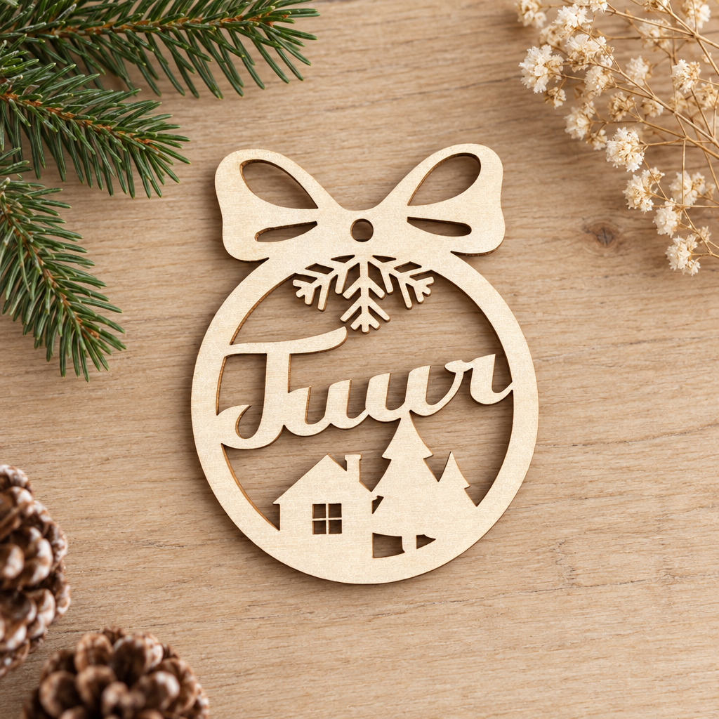 Houten kerstbal in naturel kleur met uitgehakte naam Tuur, sneeuwvlok, huis en dennenbomen, rond met strik bovenaan.