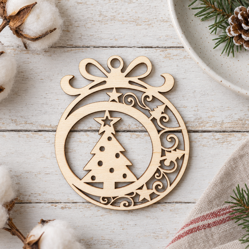 Houten kerstbal in ronde vorm met strik en uitgesneden kerstboom en sterren in naturel houtkleur.