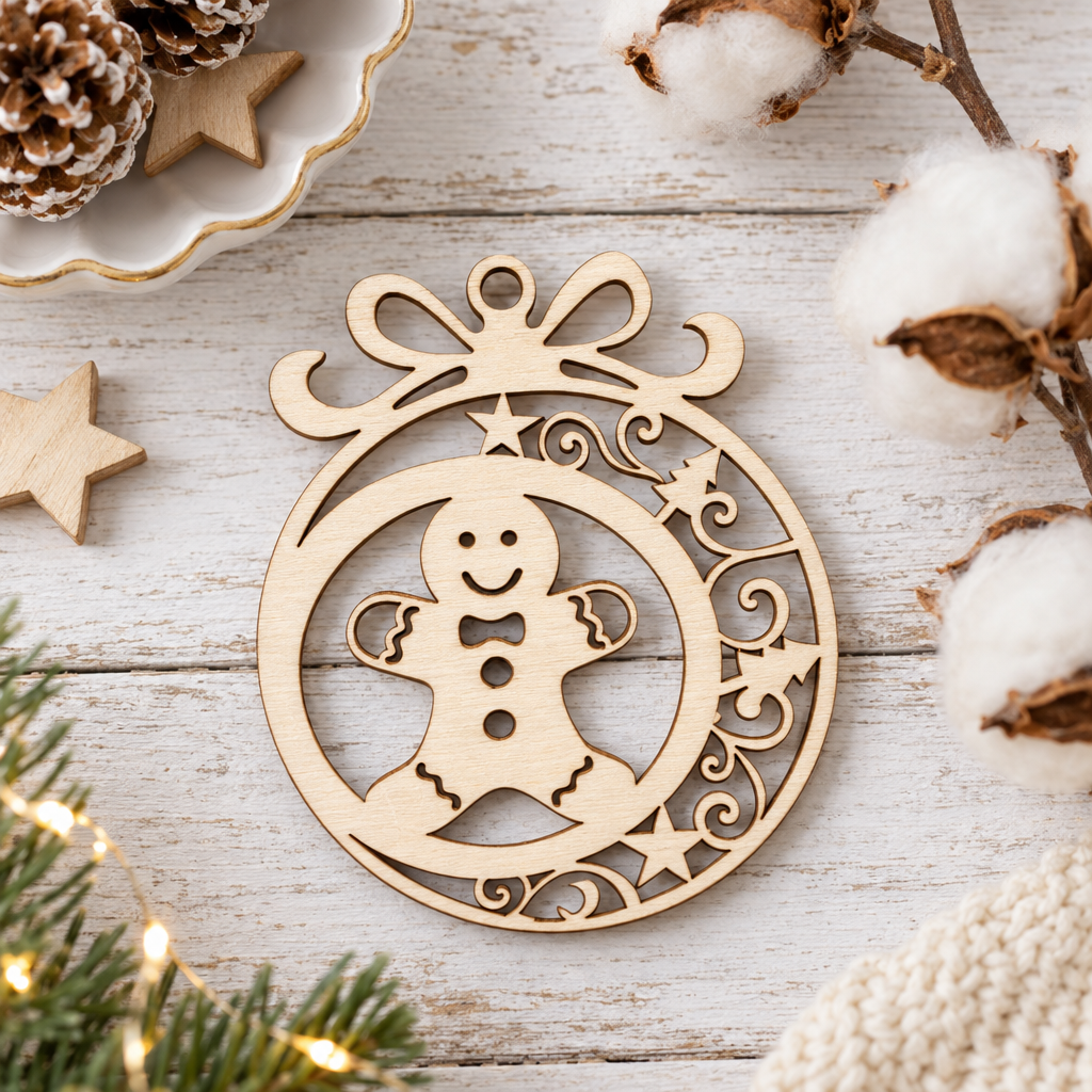 Houten kerstbal in ronde vorm met strik, versierd met een gingerbreadfiguur en sterrenpatroon in naturel houtkleur.