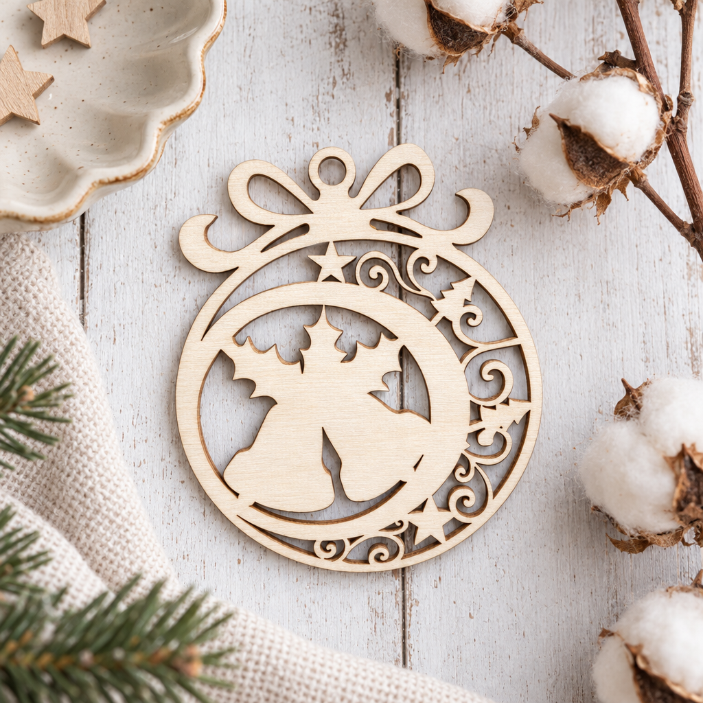 Houten kerstbal met strikvormige bovenkant en uitgesneden motief van kerstklokken, sterren en krullen in natuurlijke houtkleur.