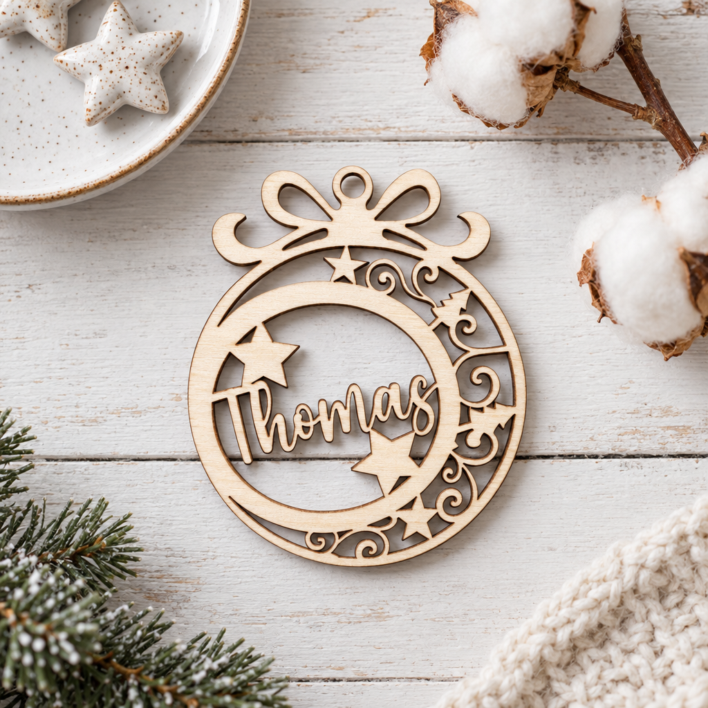 Houten kerstbal in ronde vorm met strik bovenaan en uitgesneden sterren en de naam Thomas in het midden.