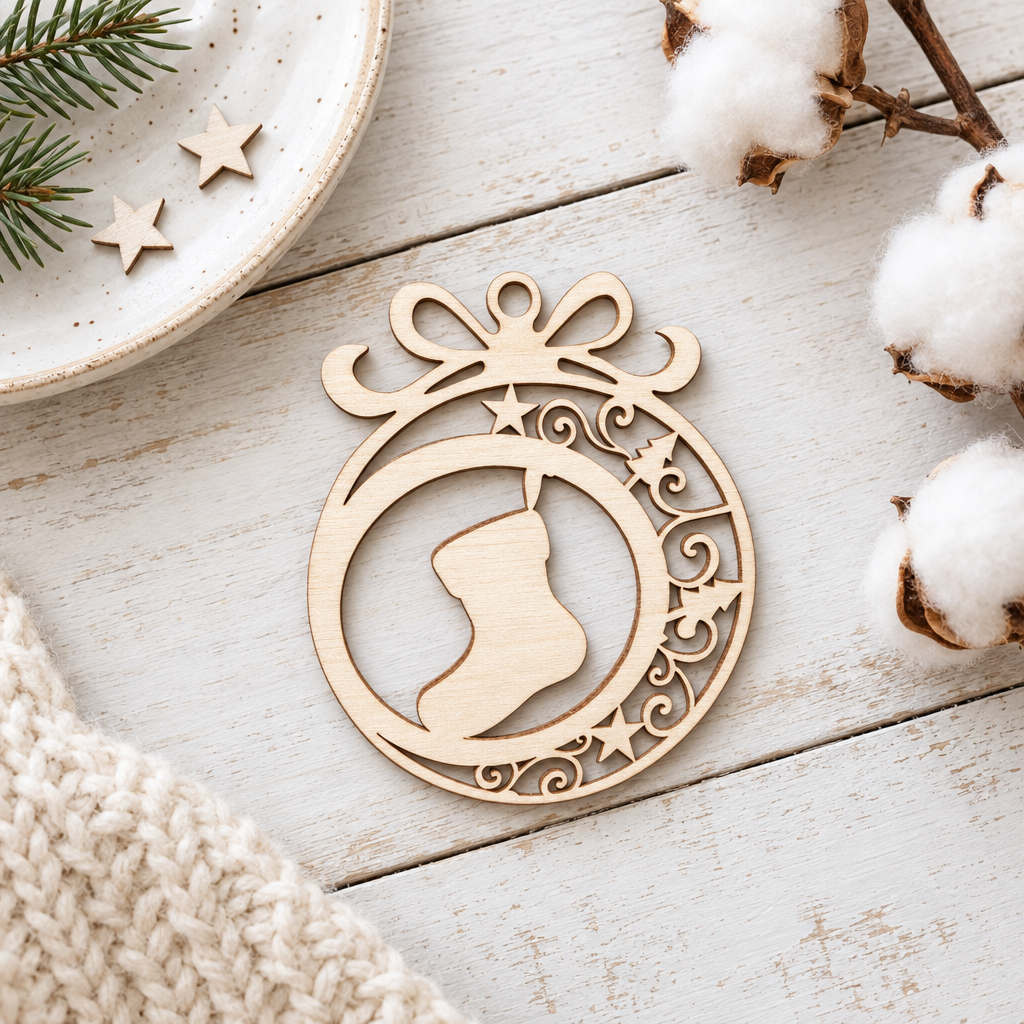 Houten kerstbal met een strikvormige bovenkant en uitgezaagde motieven van een kerstsok, sterren en dennenbomen.