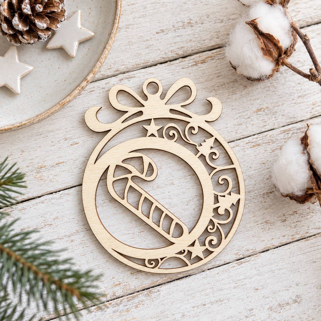 Houten kerstbal met uitgestanst snoepstokmotief, ronde vorm met sierlijke strik bovenaan, licht naturel houtkleur.