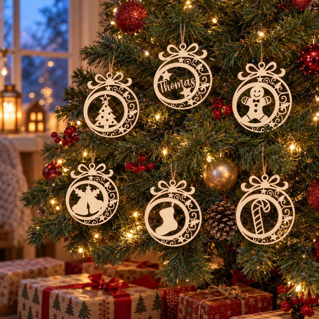 Houten kerstballen met strikvorm, diverse kerstmotieven en één met de naam Thomas erin uitgesneden.
