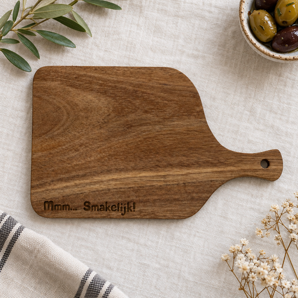 Klein bruin houten hapjesplankje met handvat in onregelmatige rechthoekige vorm, gegraveerd met tekst "Mmm... Smakelijk!