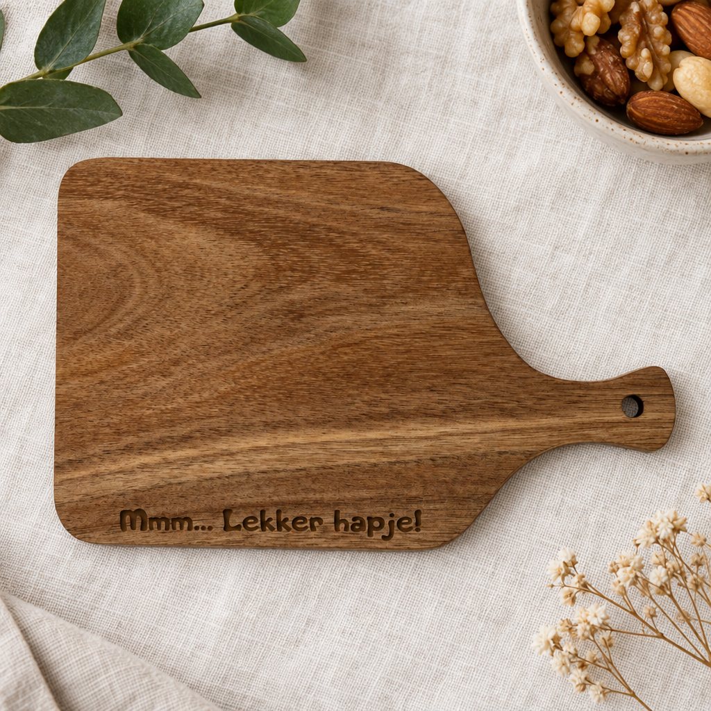 Klein rechthoekig hapjesplankje van donker hout met handvat en gegraveerde tekst "Mmm... Lekker hapje!