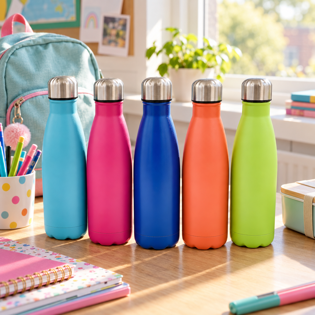 Set van vijf metalen drinkflessen van 500 ml in verschillende kleuren met zilverkleurige schroefdoppen.