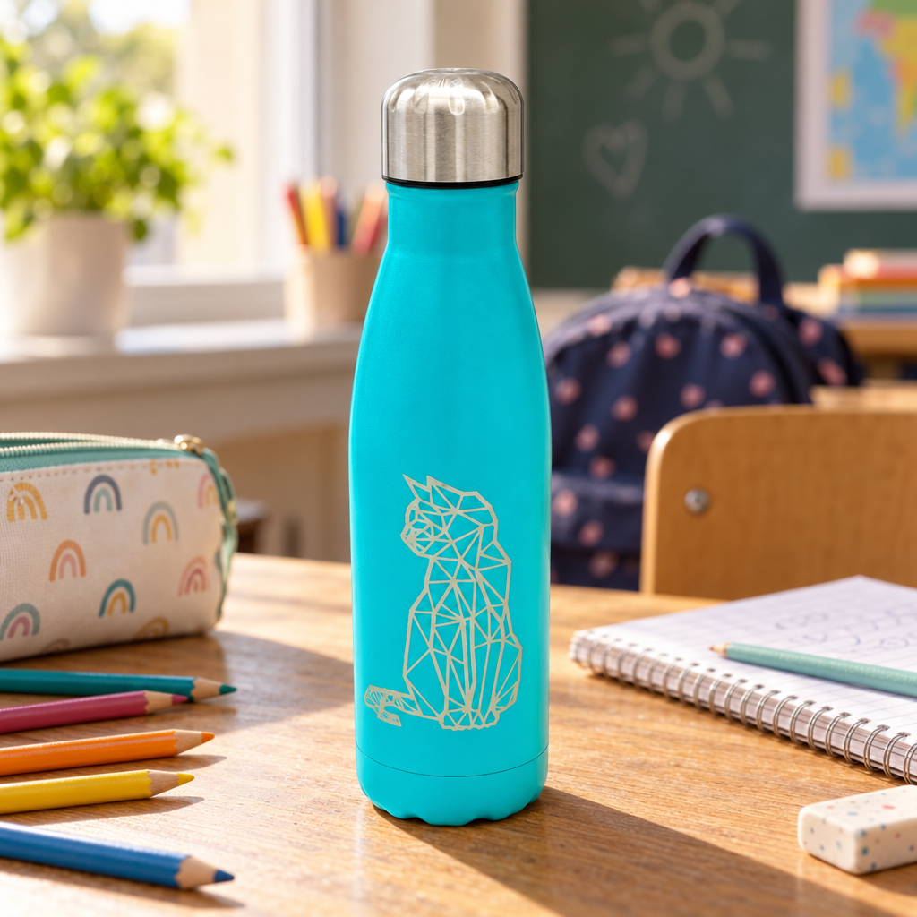 Metalen turquoise drinkfles van 500 ml met dubbelwandige isolatie en een lineair ontwerp van een eenhoorn.