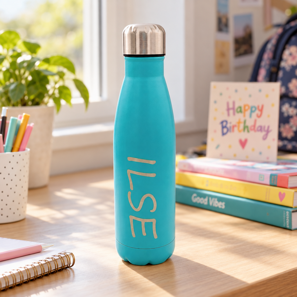 RVS geïsoleerde drinkfles in blauw met schroefdop en gepersonaliseerde naam in zilverkleurige letters.