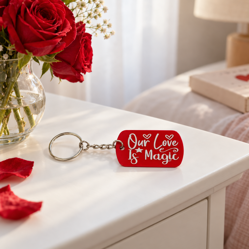 Metalen sleutelhanger met een rood rechthoekig label en witte tekst en hartjes, aan een zilverkleurige ring.