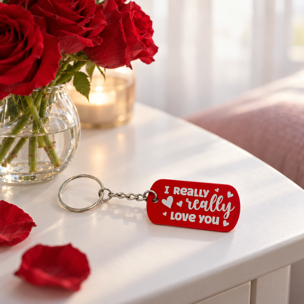 Metalen sleutelhanger met rechte hoeken en rood rechthoekig label met witte tekst en hartjes, gepersonaliseerd.