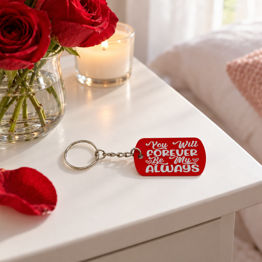 Metalen sleutelhanger met een rechthoekige, rode hanger en witte tekst met een liefdevol bericht.