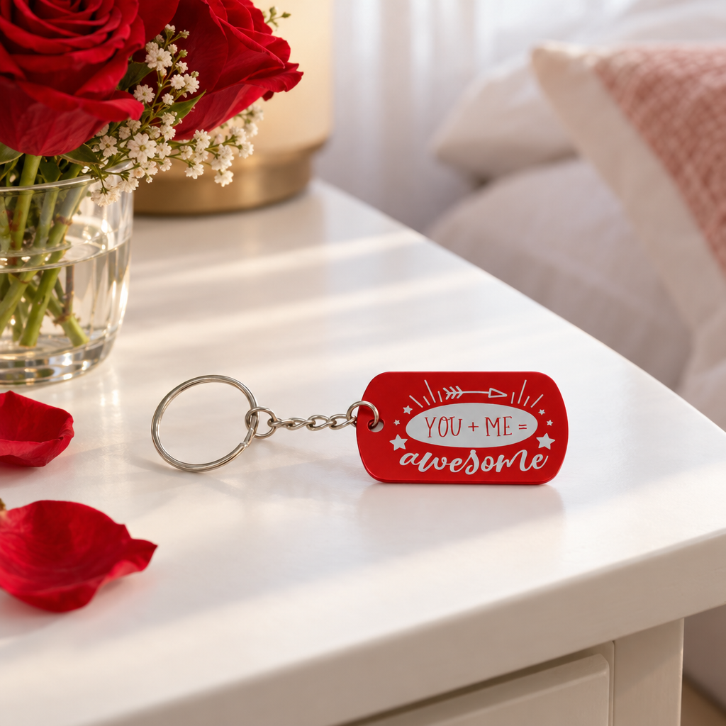 Rode metalen sleutelhanger met een gepersonaliseerde tekst en een ketting met ring eraan bevestigd.