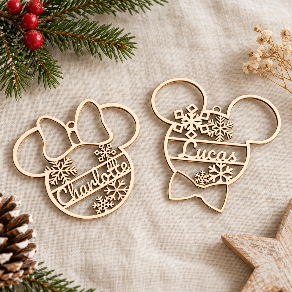 Twee houten kerstballen in de vorm van Minnie en Mickey Mouse met gegraveerde sneeuwvlokken en namen Charlotte en Lucas.