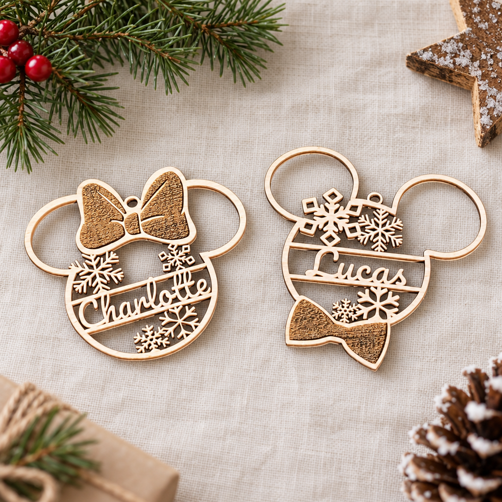 Houten kerstballen in de vorm van Minnie en Mickey Mouse met gegraveerde strik, sneeuwvlokken en gepersonaliseerde namen Charlotte en Lucas.