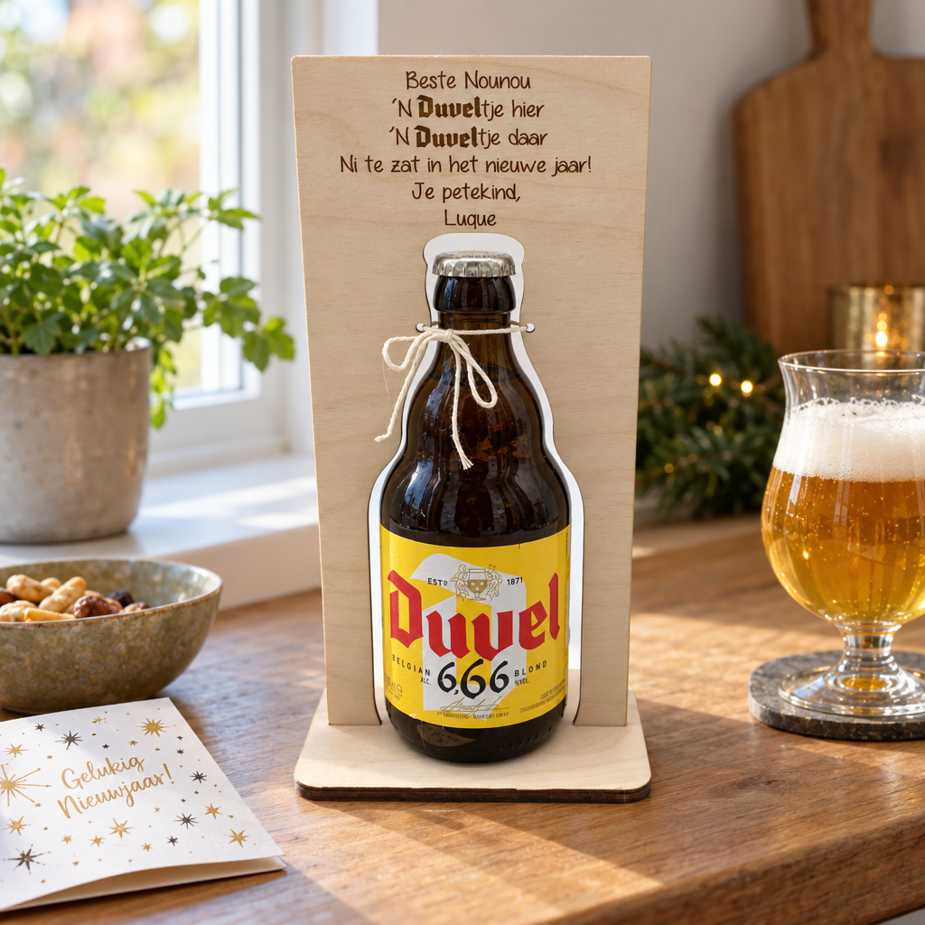 Houten plank met uitsparing voor een Duvel flesje en een gepersonaliseerde tekst erboven in zwarte letters.